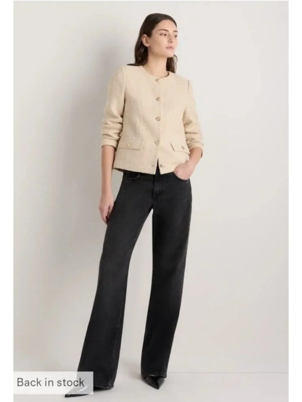 Quince Womens Size Large Stretch Tweed Collarless Jacket Ivory Coast Long Sleeve - Picture 13 of 16